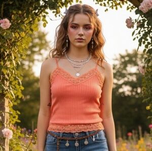 Extra Touch XL Y2K Romantic Coquette Girl Beaded Sequin Lace Trim Ribbed Tank